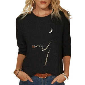 2021 Women Fashion Casual Kawaii Ladies T-Shirt Funny Cute Tunic Female Y2K Cat Printed Tops Long Sleeve Round Neck TShirt Tee