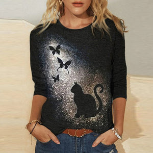 2021 Women Fashion Casual Kawaii Ladies T-Shirt Funny Cute Tunic Female Y2K Cat Printed Tops Long Sleeve Round Neck TShirt Tee
