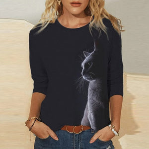 2021 Women Fashion Casual Kawaii Ladies T-Shirt Funny Cute Tunic Female Y2K Cat Printed Tops Long Sleeve Round Neck TShirt Tee