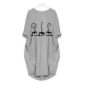 Autumn Dress Women Fashion Cat Print O Neck Long Sleeve Loose Elegant Party Ladies Dresses Plus Size Casual Midi Dress Vestidos