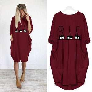 Autumn Dress Women Fashion Cat Print O Neck Long Sleeve Loose Elegant Party Ladies Dresses Plus Size Casual Midi Dress Vestidos