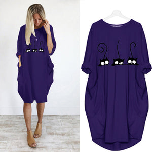 Autumn Dress Women Fashion Cat Print O Neck Long Sleeve Loose Elegant Party Ladies Dresses Plus Size Casual Midi Dress Vestidos