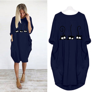 Autumn Dress Women Fashion Cat Print O Neck Long Sleeve Loose Elegant Party Ladies Dresses Plus Size Casual Midi Dress Vestidos