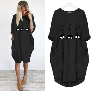Autumn Dress Women Fashion Cat Print O Neck Long Sleeve Loose Elegant Party Ladies Dresses Plus Size Casual Midi Dress Vestidos