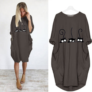 Autumn Dress Women Fashion Cat Print O Neck Long Sleeve Loose Elegant Party Ladies Dresses Plus Size Casual Midi Dress Vestidos
