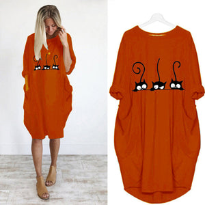 Autumn Dress Women Fashion Cat Print O Neck Long Sleeve Loose Elegant Party Ladies Dresses Plus Size Casual Midi Dress Vestidos