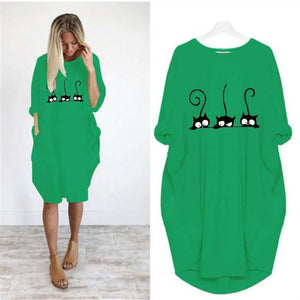 Autumn Dress Women Fashion Cat Print O Neck Long Sleeve Loose Elegant Party Ladies Dresses Plus Size Casual Midi Dress Vestidos