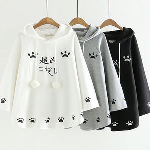 Fashion Kawaii Cat Ear Hooded Poncho Women Japanese Cute Paws Girls Casual Pullover Harajuku Cloak Fleece Loose Hooded Cape Coat