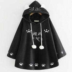 Fashion Kawaii Cat Ear Hooded Poncho Women Japanese Cute Paws Girls Casual Pullover Harajuku Cloak Fleece Loose Hooded Cape Coat