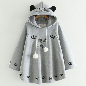 Fashion Kawaii Cat Ear Hooded Poncho Women Japanese Cute Paws Girls Casual Pullover Harajuku Cloak Fleece Loose Hooded Cape Coat