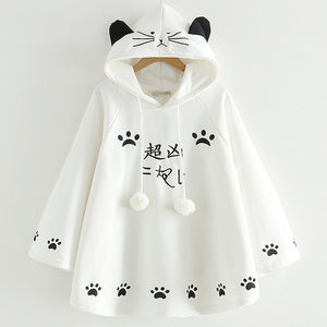 Fashion Kawaii Cat Ear Hooded Poncho Women Japanese Cute Paws Girls Casual Pullover Harajuku Cloak Fleece Loose Hooded Cape Coat