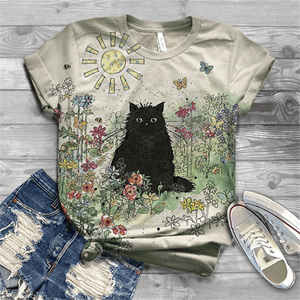 Cute and lovely cat Cotton T-shirt women&#39;s 2021 summer short-sleeved Harajuku T-shirt top ladies animal T-shirt