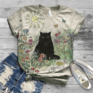 Cute and lovely cat Cotton T-shirt women&#39;s 2021 summer short-sleeved Harajuku T-shirt top ladies animal T-shirt