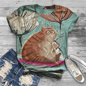 Cute and lovely cat Cotton T-shirt women&#39;s 2021 summer short-sleeved Harajuku T-shirt top ladies animal T-shirt