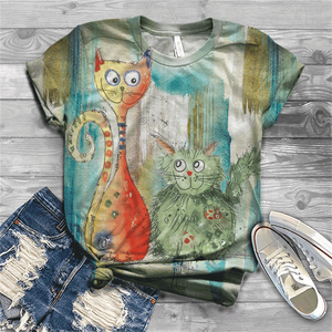 Cute and lovely cat Cotton T-shirt women&#39;s 2021 summer short-sleeved Harajuku T-shirt top ladies animal T-shirt
