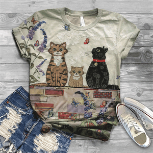 Cute and lovely cat Cotton T-shirt women&#39;s 2021 summer short-sleeved Harajuku T-shirt top ladies animal T-shirt