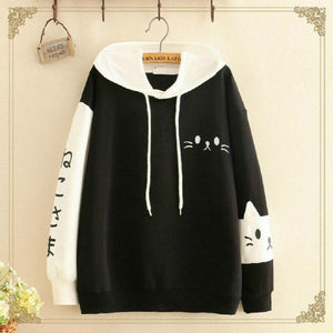Womens Casual Lovely Cat Paw Pattern Hoodie Long Sleeve Kitty Cat Print Sweatshirt Hoodie Tops Female Tops Streetwear