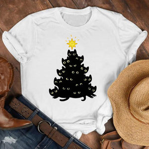 Women Cat Star New Trend Fashion Merry Christmas Holiday Winter Tshirt Female Top Graphic Clothes Shirt T Tee New Year T-shirt
