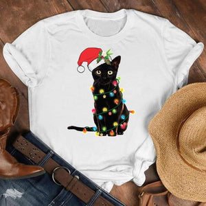 Women Cat Star New Trend Fashion Merry Christmas Holiday Winter Tshirt Female Top Graphic Clothes Shirt T Tee New Year T-shirt