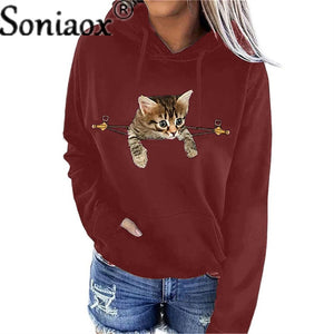 Women Hoodies Casual Long Sleeve Kangaroo Pocket Sweatshirt Autumn Winter Warm Ladies Hoodies Cartoon Cat Printed Pullover Coat
