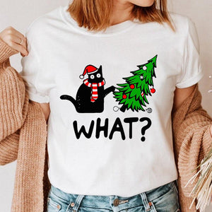 Clothes Cat Funny 2022 Winter Merry Christmas New Year Women Top Print Cartoon Shirt Female Holiday Graphic T Tee T-shirt