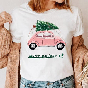 Clothes Cat Funny 2022 Winter Merry Christmas New Year Women Top Print Cartoon Shirt Female Holiday Graphic T Tee T-shirt