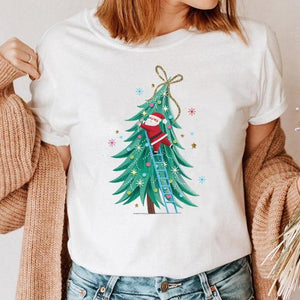 Clothes Cat Funny 2022 Winter Merry Christmas New Year Women Top Print Cartoon Shirt Female Holiday Graphic T Tee T-shirt