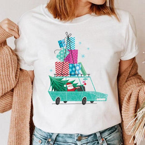 Clothes Cat Funny 2022 Winter Merry Christmas New Year Women Top Print Cartoon Shirt Female Holiday Graphic T Tee T-shirt