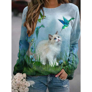 2022 New Y2K Cat 3D Print T-shirt Women Fashion Casual O-Neck Tops Long Sleeve Spring Summer Vintage Oversize Pullover T Shirts