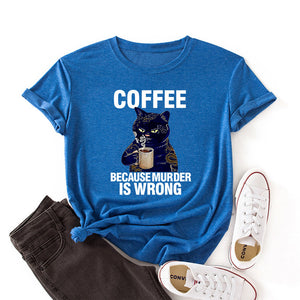 Coffee Cat Funny Print Colored Cotton T-shirt Women Casual Short Sleeve Tshirt Cute Animal Graphic Harajuku Tee Shirt