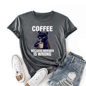 Coffee Cat Funny Print Colored Cotton T-shirt Women Casual Short Sleeve Tshirt Cute Animal Graphic Harajuku Tee Shirt