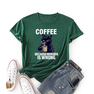 Coffee Cat Funny Print Colored Cotton T-shirt Women Casual Short Sleeve Tshirt Cute Animal Graphic Harajuku Tee Shirt