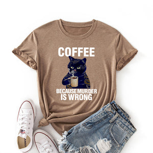 Coffee Cat Funny Print Colored Cotton T-shirt Women Casual Short Sleeve Tshirt Cute Animal Graphic Harajuku Tee Shirt