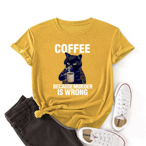 Coffee Cat Funny Print Colored Cotton T-shirt Women Casual Short Sleeve Tshirt Cute Animal Graphic Harajuku Tee Shirt