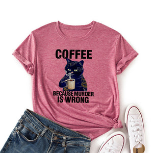 Coffee Cat Funny Print Colored Cotton T-shirt Women Casual Short Sleeve Tshirt Cute Animal Graphic Harajuku Tee Shirt