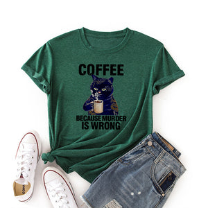 Coffee Cat Funny Print Colored Cotton T-shirt Women Casual Short Sleeve Tshirt Cute Animal Graphic Harajuku Tee Shirt