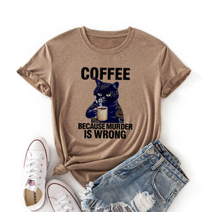 Coffee Cat Funny Print Colored Cotton T-shirt Women Casual Short Sleeve Tshirt Cute Animal Graphic Harajuku Tee Shirt
