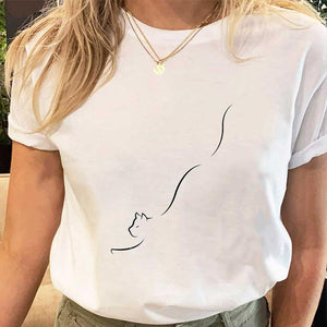 Women Print Tees Tshirt Female Clothes Regular Short Sleeve Tops Cat Simple Cute Print Ladies Fashion Cartoon Graphic T-Shirt