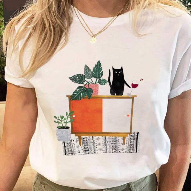 Women Print Tees Tshirt Female Clothes Regular Short Sleeve Tops Cat S -  Only Cat Shirts