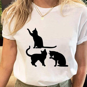 Women Print Tees Tshirt Female Clothes Regular Short Sleeve Tops Cat Simple Cute Print Ladies Fashion Cartoon Graphic T-Shirt