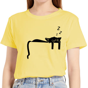 Women Summer T-shirts Cotton 100% Short Sleeve Sleeping Cat Print Female Fashion Graphic Clothes Ladies Kawaii Regular Tees Tops