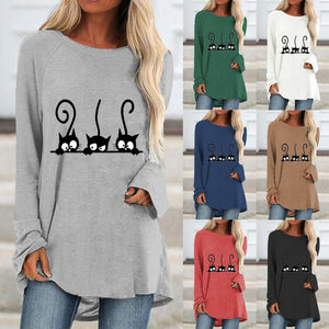 Autumn Women&#39;s Fashion Casual Black Cat Print Round Neck Long Sleeve Shirt and Top Loose Plus Size Ladies Graphic T-shirt Top