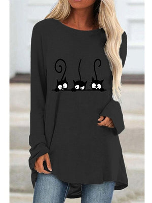 Autumn Women&#39;s Fashion Casual Black Cat Print Round Neck Long Sleeve Shirt and Top Loose Plus Size Ladies Graphic T-shirt Top