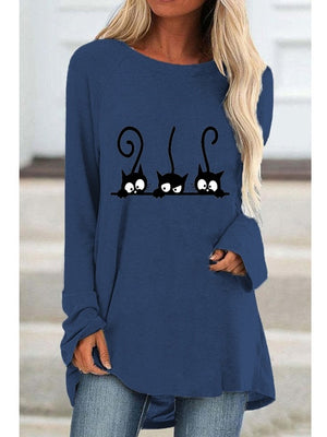 Autumn Women&#39;s Fashion Casual Black Cat Print Round Neck Long Sleeve Shirt and Top Loose Plus Size Ladies Graphic T-shirt Top