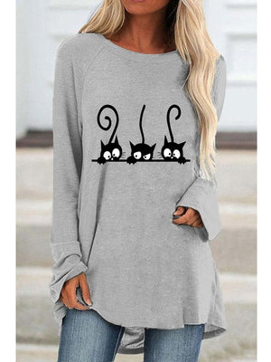 Autumn Women&#39;s Fashion Casual Black Cat Print Round Neck Long Sleeve Shirt and Top Loose Plus Size Ladies Graphic T-shirt Top
