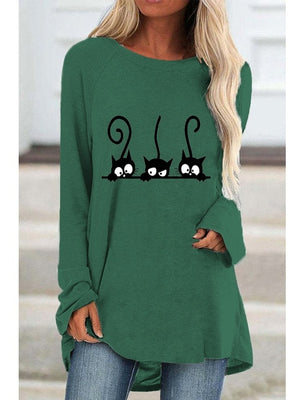 Autumn Women&#39;s Fashion Casual Black Cat Print Round Neck Long Sleeve Shirt and Top Loose Plus Size Ladies Graphic T-shirt Top