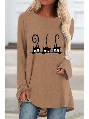 Autumn Women&#39;s Fashion Casual Black Cat Print Round Neck Long Sleeve Shirt and Top Loose Plus Size Ladies Graphic T-shirt Top