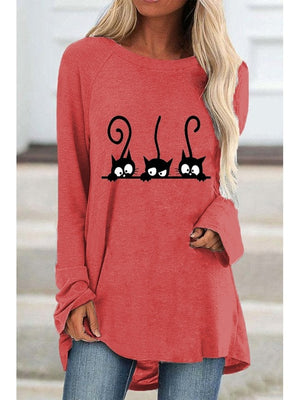 Autumn Women&#39;s Fashion Casual Black Cat Print Round Neck Long Sleeve Shirt and Top Loose Plus Size Ladies Graphic T-shirt Top