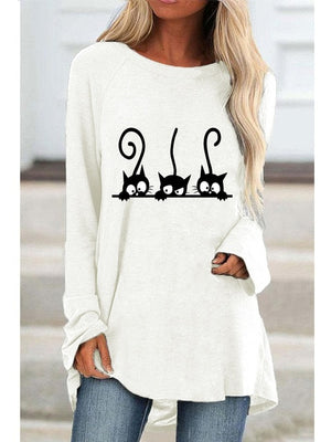 Autumn Women&#39;s Fashion Casual Black Cat Print Round Neck Long Sleeve Shirt and Top Loose Plus Size Ladies Graphic T-shirt Top