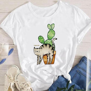 Fashion Cartoon Leopard Cat Letter 90s Cute Tees Women Short Sleeve Lady Female Graphic Tops Clothes Print Tshirt T-Shirt